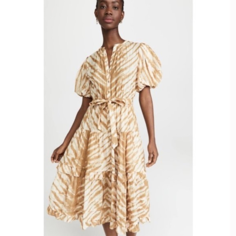 Ulla Johnson Magdalena Midi Dress Sand Tiger Print Puff Sleeves Ruffled - Picture 11 of 16